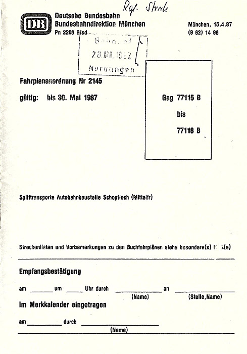 Fahrplan Schotterzug 1987