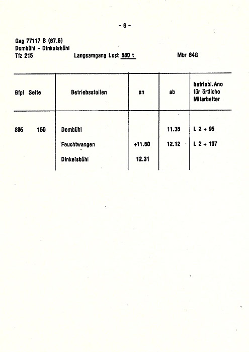 Fahrplan Schotterzug 1987